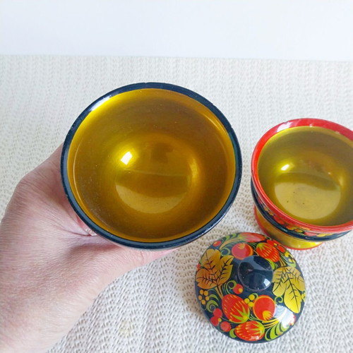 Vintage Russian Khokhloma wooden set like new, bowl and lidded box