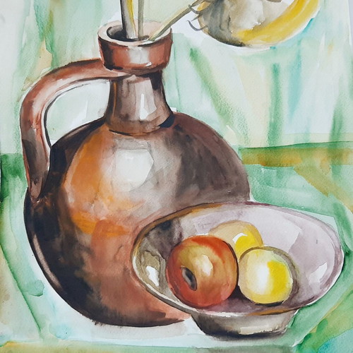 Vintage watercolor still life with sunflowers and fruits, 50.5×35 cm