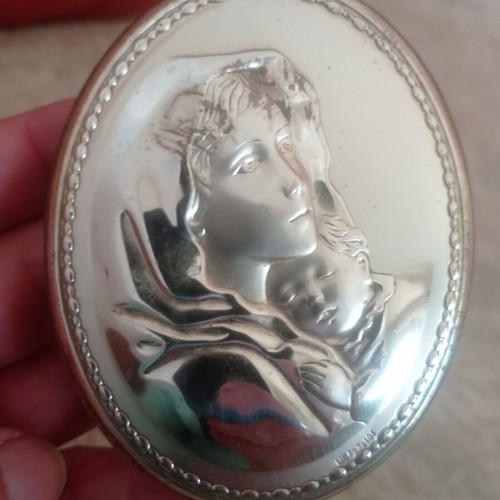 Religious silver image like new, 7x9 cm, wooden back for baby cradle