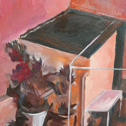 Oil painting new urban landscape on red canvas