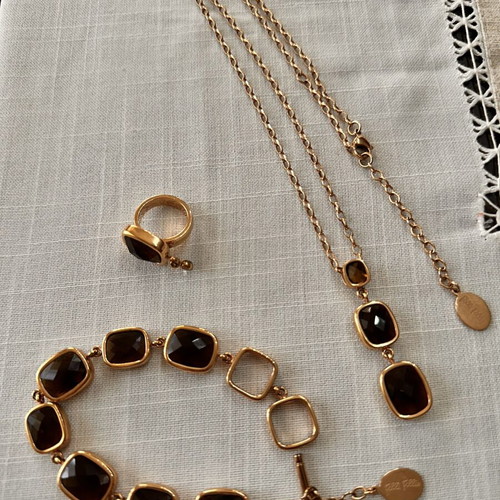Folli Follie jewelry set with adjustable necklace, bracelet and ring, brown stones