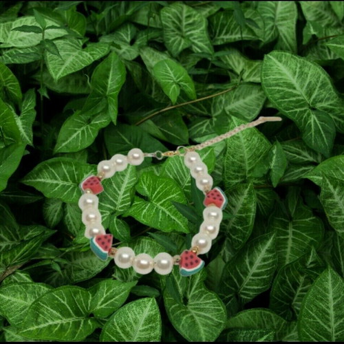 Bracelet with pearls, fimo watermelon charms and gold stainless beads new