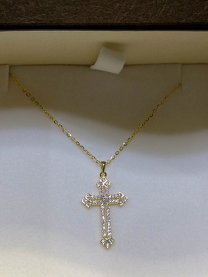 Silver gold-plated cross with chain and zircon, new