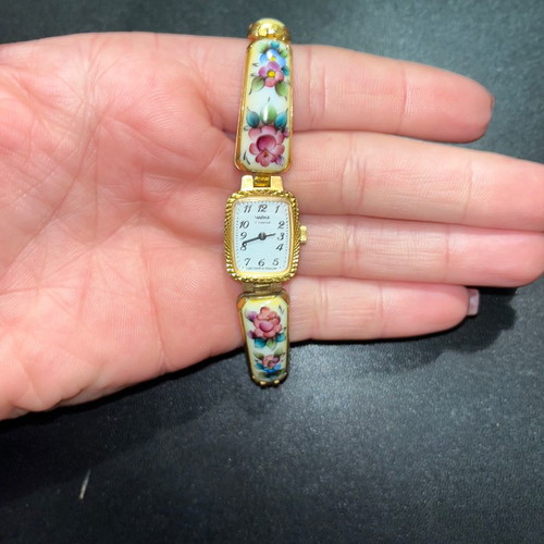 Vintage Chaika ladies watch used, gold plated with hand painted porcelain dial