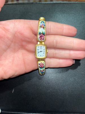 Vintage Chaika ladies watch used, gold plated with hand painted porcelain dial