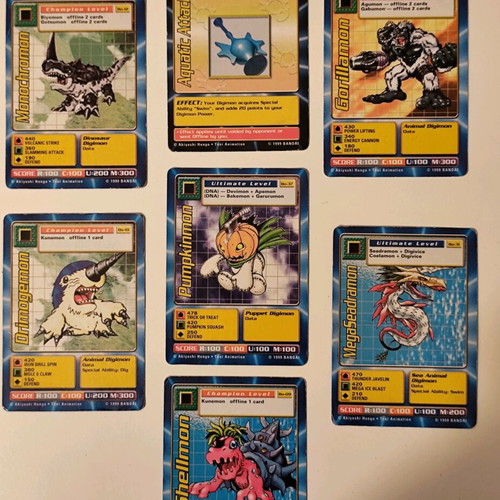 Digimon Bandai 1999 collectible cards used, set of 7