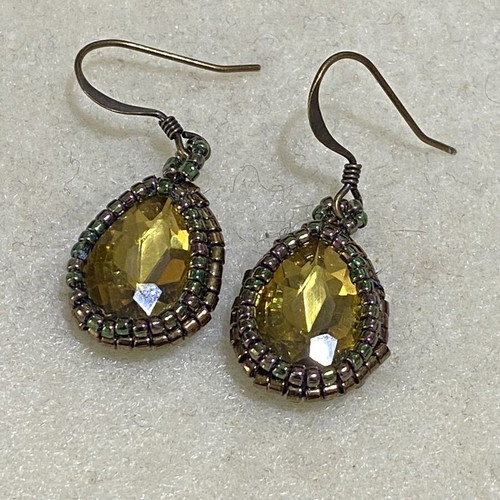Handmade Earrings Drop with Yellow Amber Crystal and Vintage Beads