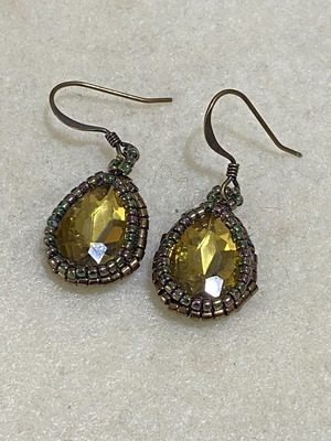 Handmade Earrings Drop with Yellow Amber Crystal and Vintage Beads