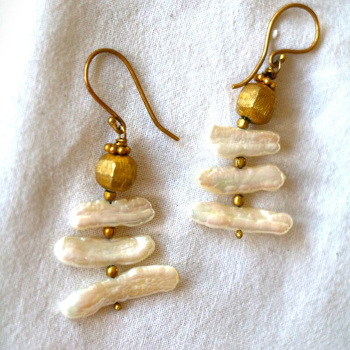 Gold Earrings Raw Pearls with 22K Gold Plated Clasp New