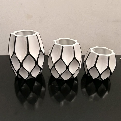 Modern vases used, set of 3, white and black color