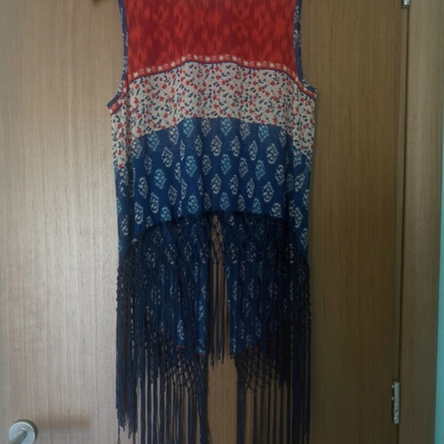 Staff women's blouse like new, asymmetric with fringes, blue and red, size S