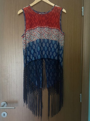 Staff women's blouse like new, asymmetric with fringes, blue and red, size S