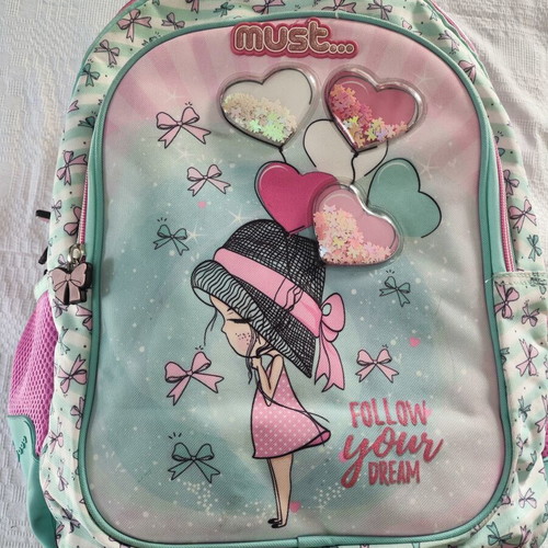 Must Follow Your Dream school backpack, turquoise and pink