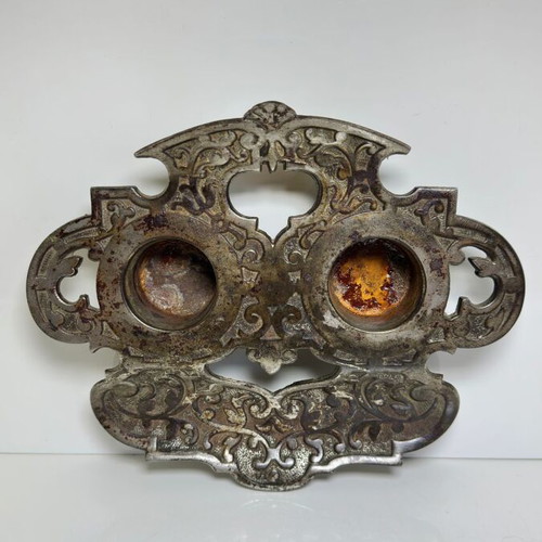 Antique double iron desk inkwell with baroque decoration