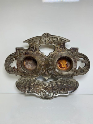 Antique double iron desk inkwell with baroque decoration
