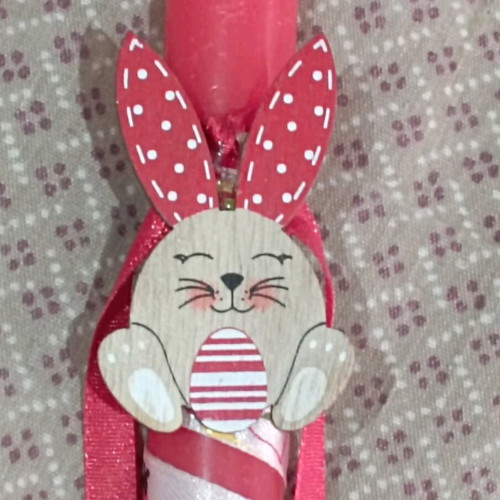 Handmade red candle like new with wooden bunny and ladybug ribbon 40 cm