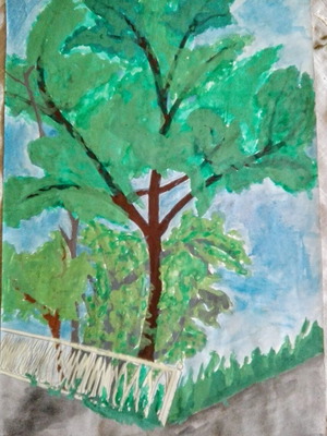 Vintage original watercolor painting of spring tree used