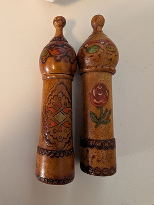 Wooden Bulgarian perfume containers used, hand-painted with folk motifs