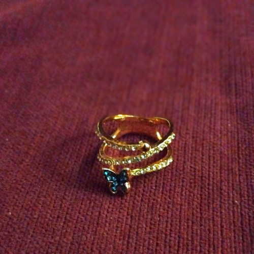 Butterfly ring with blue zircon and rhinestones, gold color, new