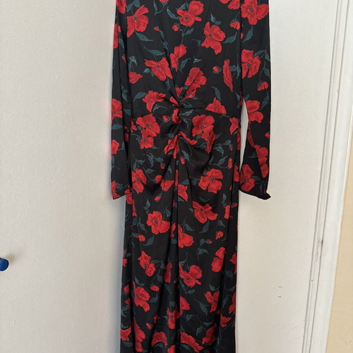 Pink Woman midi floral dress with knot like new, black with red flowers