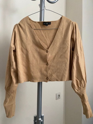 Missguided Camel Cropped Cardigan with Puff Sleeves, Like New, Size M