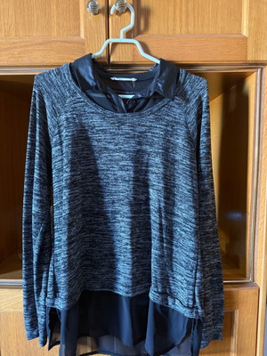 Gray Black Blouse With Faux Leather Collar New, Size L