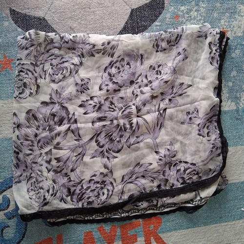 Floral scarf like new in white, purple and black shades with lace trim