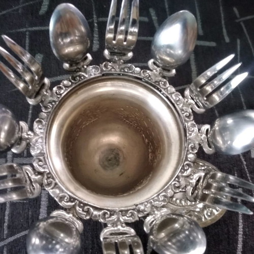 Vintage rostfrei dessert set with spoons and forks, broken handle