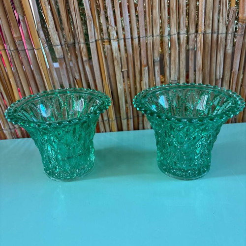 Set of 2 glass carved tealight candle holders