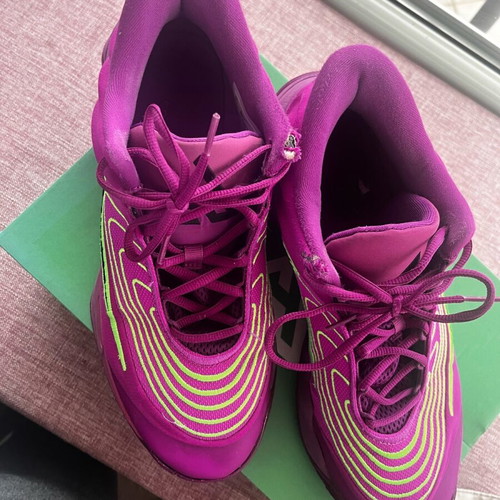 Nike Giannis Immortality athletic shoes used, size 45.5, green and purple