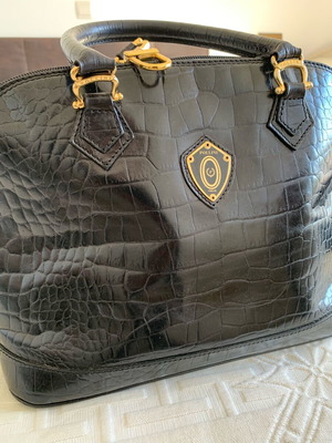 Pollini Croc-Embossed Leather Handbag used, black with metal emblem