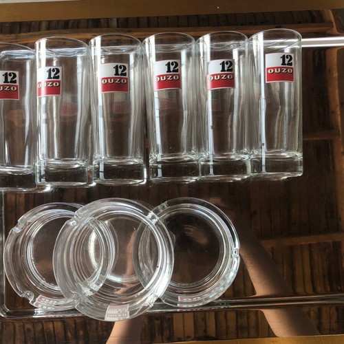 Ouzo 12 Glasses and 3 Ashtrays New in Box