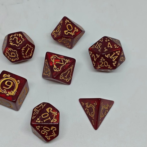 D&D Dragon Pearl Red & Gold Dice Set like new, 7 pieces