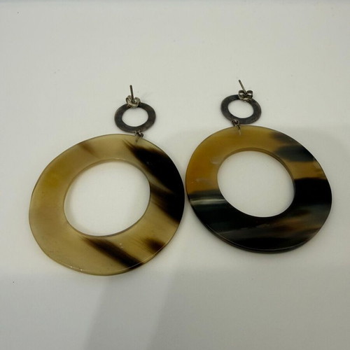Horn earrings used, natural beige with silver organic ring