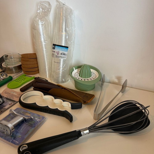 Kitchen and household items like new, assorted accessories