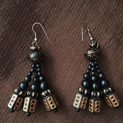 Handmade long ethnic boho tribal earrings like new, black-gold