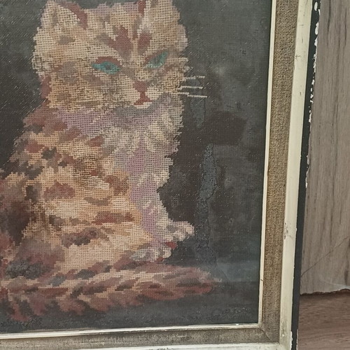 Cat vintage handmade embroidered framed art used