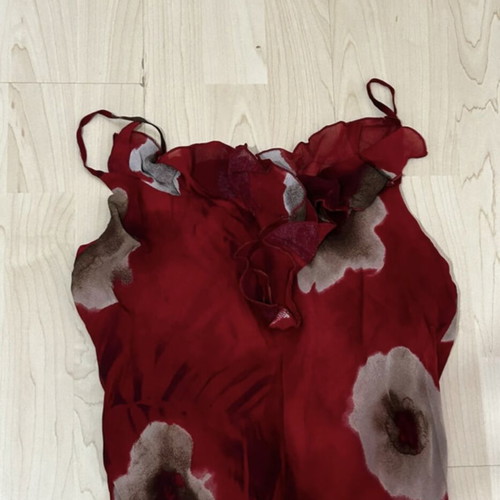 Vintage red asymmetric dress with ruffles and floral pattern, Evgenidis Bros, size 2