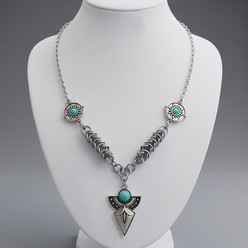 Steel necklace with boxmail chain and turquoise pendant, new