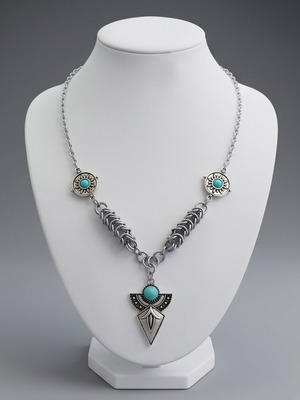 Steel necklace with boxmail chain and turquoise pendant, new