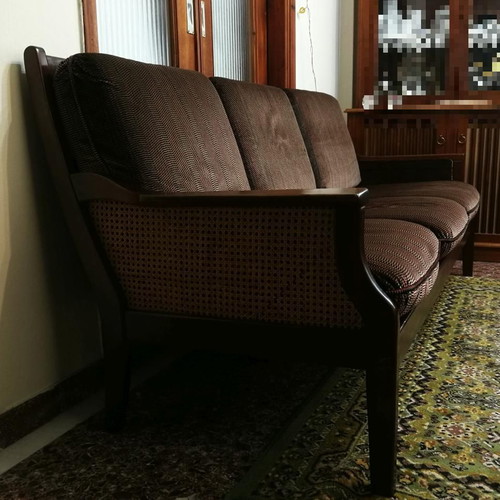 Classic three-seater sofa used, wood and rattan