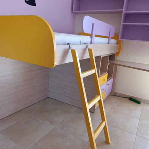 Bunk bed with mattress, desk and wall shelf used