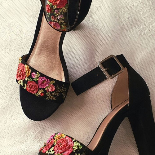 Sandals new with hand-painted flowers, faux suede, size 37