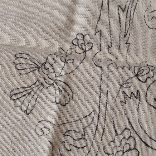 Vintage embroidery saying 'Καλημερα' half complete, used