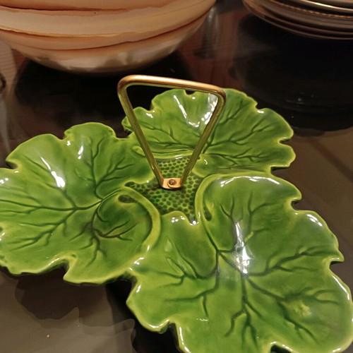 Vintage glass fondant dish with three leaves, like new, green