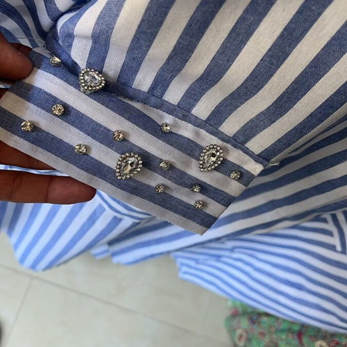 Women's blouse white and blue striped with rhinestones plus size, like new