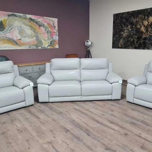 Italian gray leather sofa set Moreno three-seater and two armchairs new