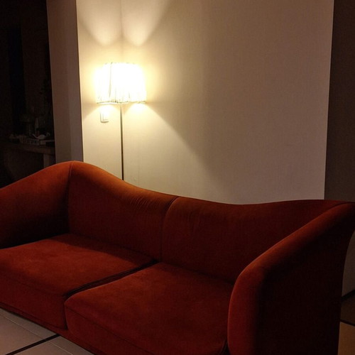 Three-Seater Sofa handmade with Beech Wood Frame, used, Bordeaux Alcantara Fabric