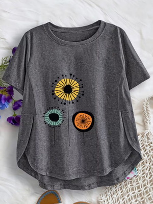 Short-Sleeve Gray T-Shirt with Flowers New Size L