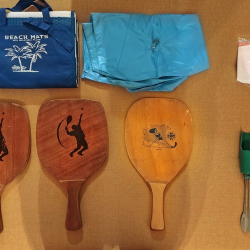 Beach items used, set of 6 including inflatable mattress and wooden rackets